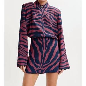 NEW ESSENTIEL ANTWERP zebra jacquard mini shirt dress in dark pink/navy